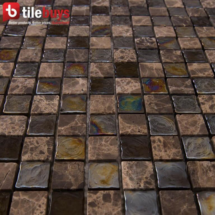 5 Sq Ft of Dark Brown Stone & Glass Small Square Mosaic Wall Tile | TileBuys