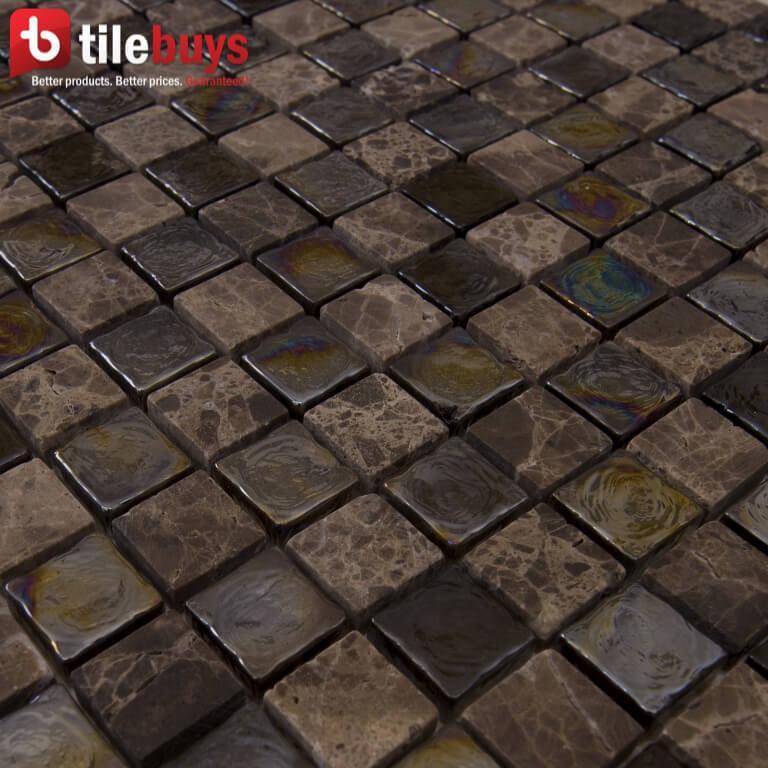 5 Sq Ft of Dark Brown Stone &amp; Glass Small Square Mosaic Wall Tile | TileBuys