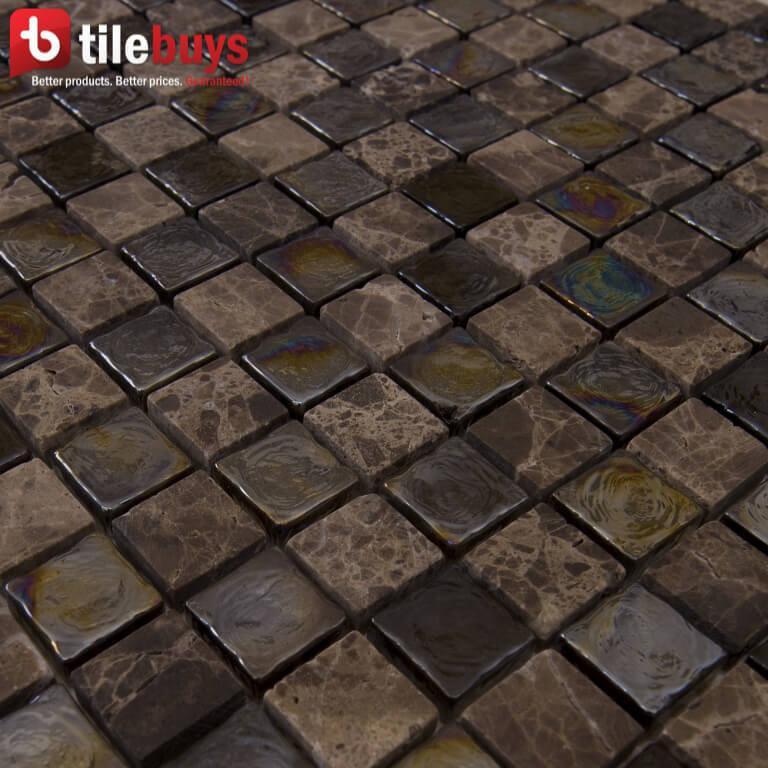 5 Sq Ft of Dark Brown Stone & Glass Small Square Mosaic Wall Tile | TileBuys