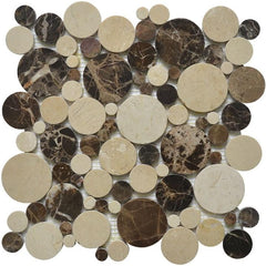 4.2 Sq Ft of Dark Emperador & Crema Marfil Marble Mosaic Tile in Mixed Rounds Pattern - Polished | TileBuys