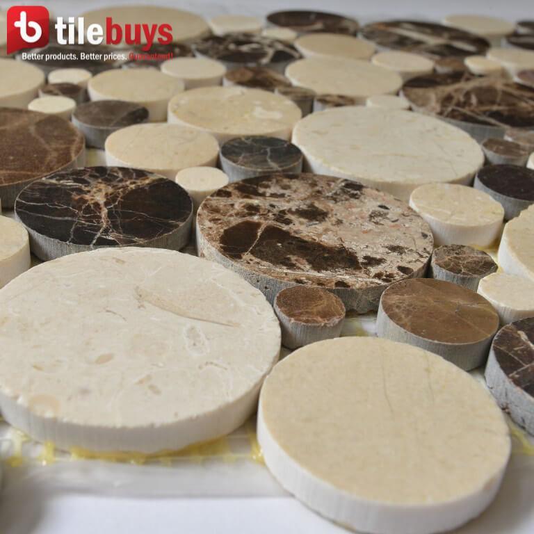 4.2 Sq Ft of Dark Emperador &amp; Crema Marfil Marble Mosaic Tile in Mixed Rounds Pattern - Polished | TileBuys