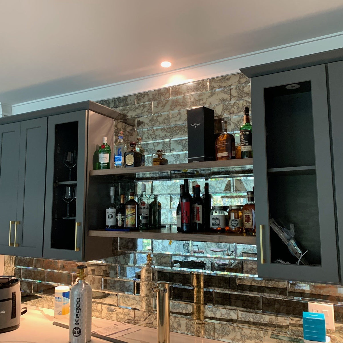 Tiled Bar Backsplash Tiled Featuring Distressed Antique Mirror Glass Beveled 4"x12" Subway Tile 