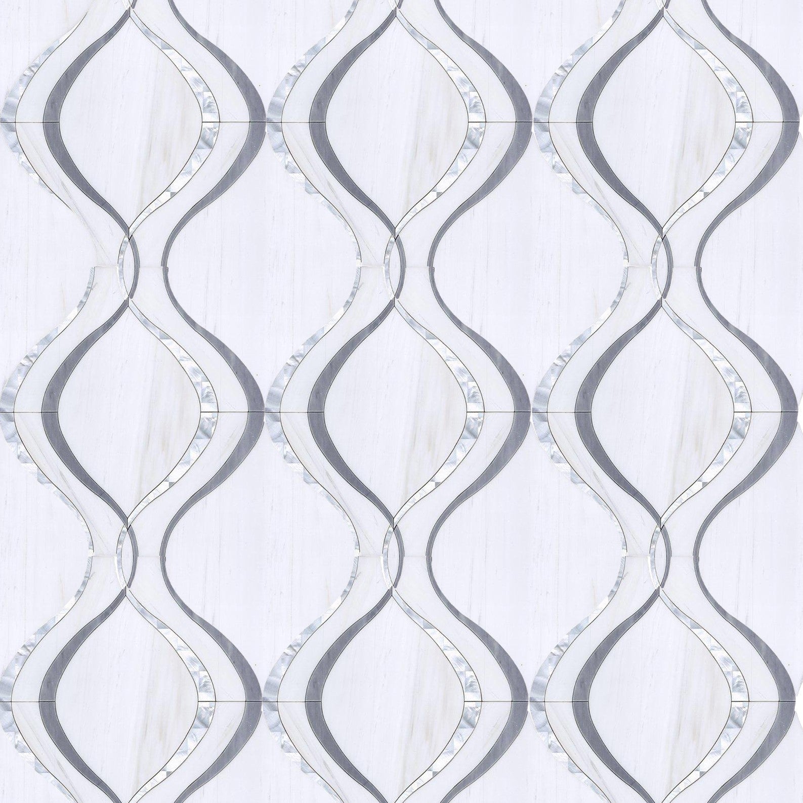 Dolomite White Marble, Latin Gray Marble and Mother of Pearl Waterjet Mosaic Tile in Silver Ribbon | TileBuys