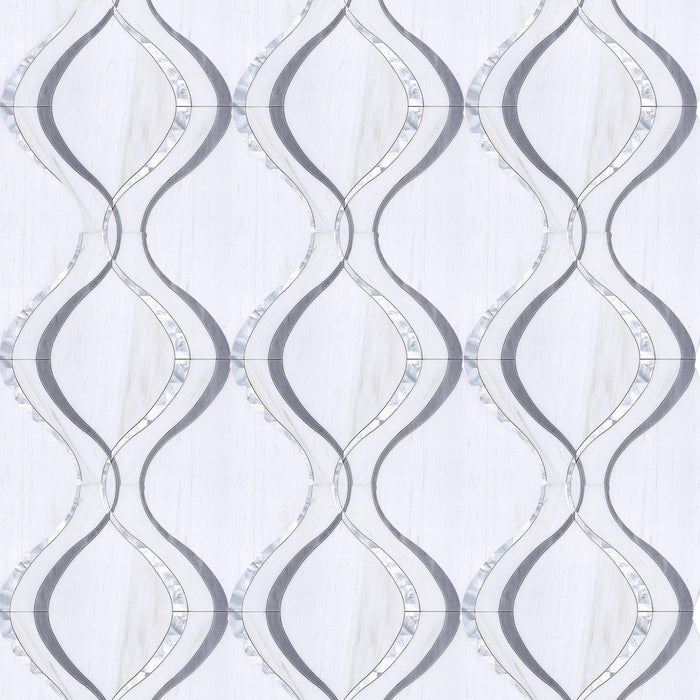Dolomite White Marble, Latin Gray Marble and Mother of Pearl Waterjet Mosaic Tile in Silver Ribbon | TileBuys