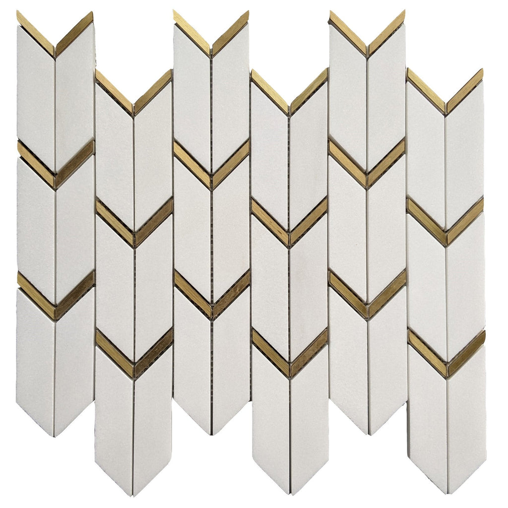 Dolomite White and Gold Arrow Art Deco Tile Backsplash | TileBuys