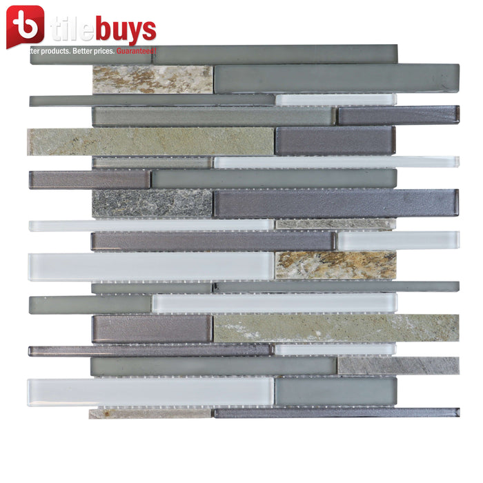 Dusty Blue Quartzite & Glass Strip Mosaic Tile | TileBuys