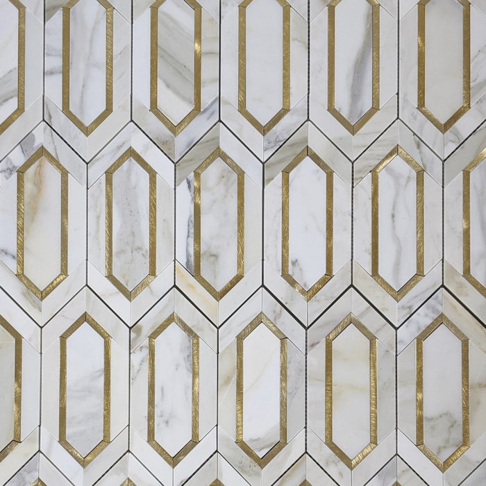 Calacatta (Calcutta) Marble with Gold Metal Waterjet Mosaic in Golden Picket | TileBuys