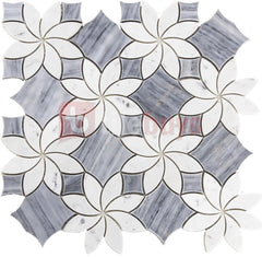 4.2 Sq Ft of Floral Pattern Bardiglio Grey and Carrara White Marble Waterjet Mosaic Tile | TileBuys