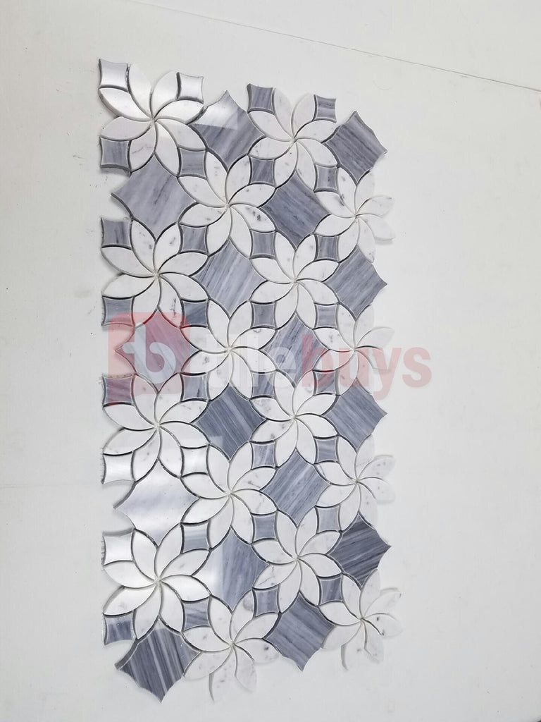 4.2 Sq Ft of Floral Pattern Bardiglio Grey and Carrara White Marble Waterjet Mosaic Tile | TileBuys