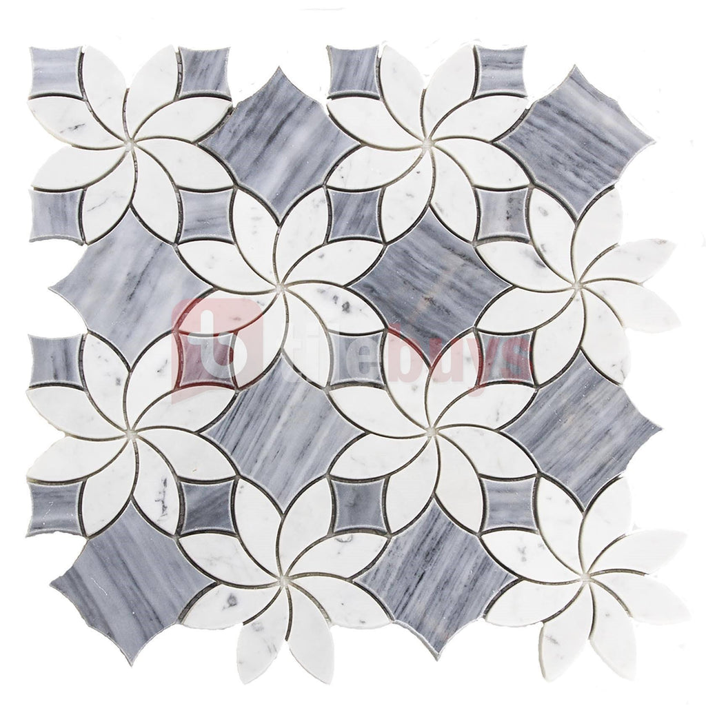 4.2 Sq Ft of Floral Pattern Bardiglio Grey and Carrara White Marble Waterjet Mosaic Tile | TileBuys