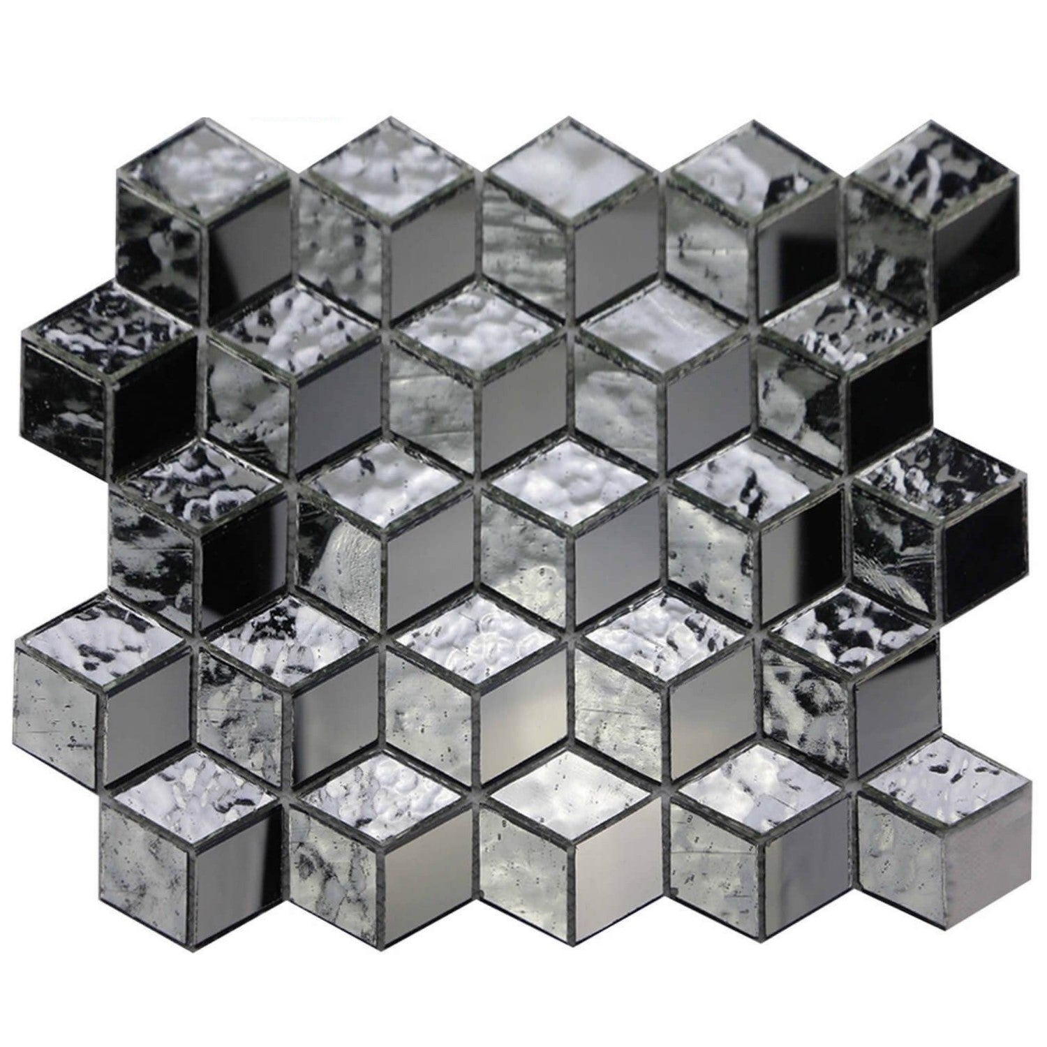 Glass Mosaic Tile in 3D Metallic Silver Cubes | TileBuys
