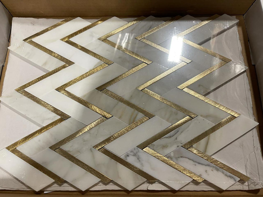 Calacatta (Calcutta) Marble with Gold Metal Waterjet Mosaic Tile in Golden Chevron | TileBuys