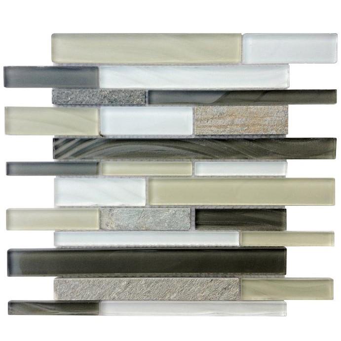 Gray, Beige & Off-White Stone & Glass Strip Mosaic Tile in Lagoon | TileBuys