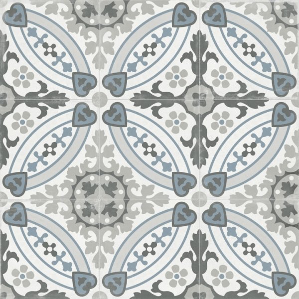 Gray & Blue Victorian Patterned Porcelain Tile in Floral Hearts | TileBuys