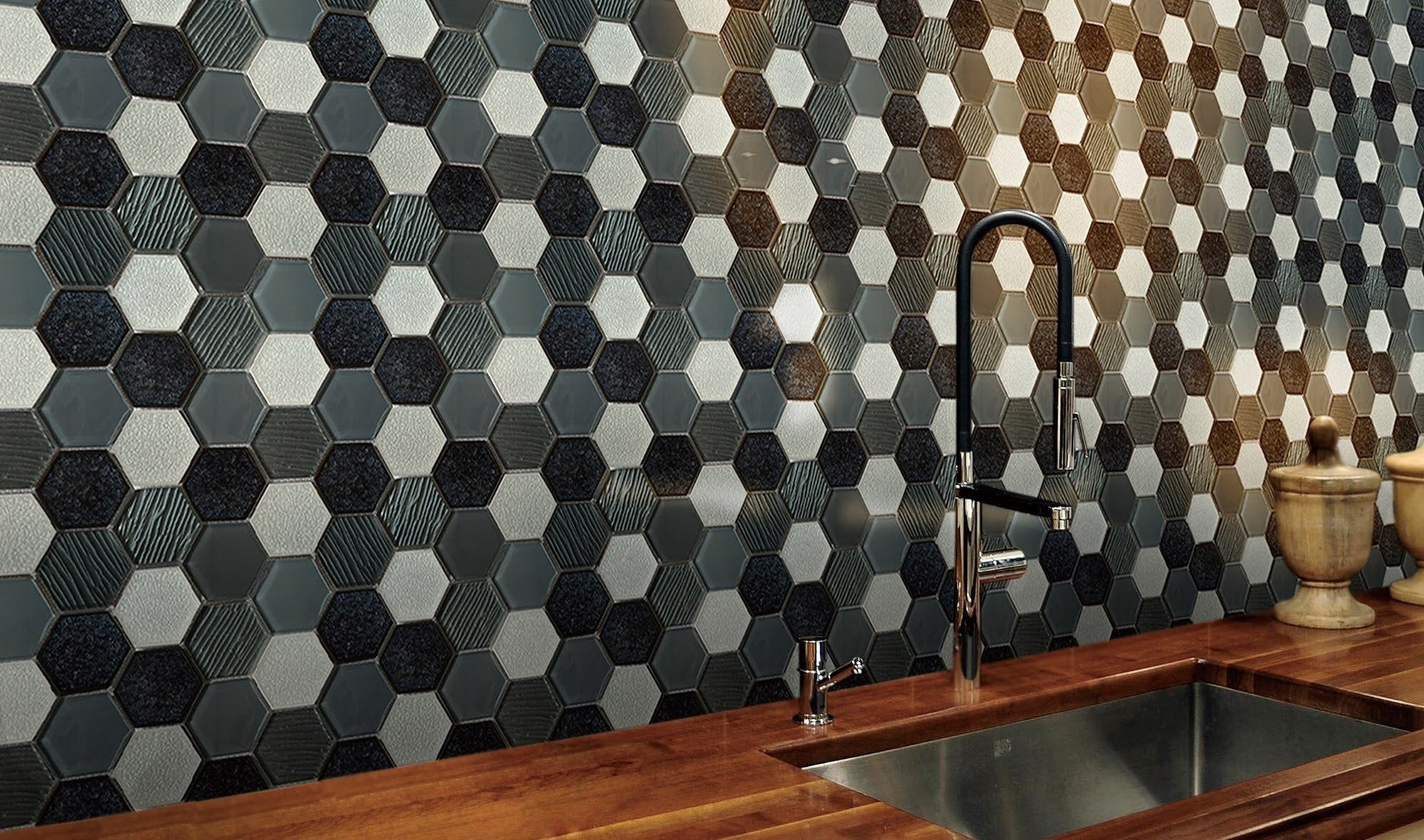 Gray Glass &amp; Porcelain 3" Hexagon Mosaic Tile | TileBuys