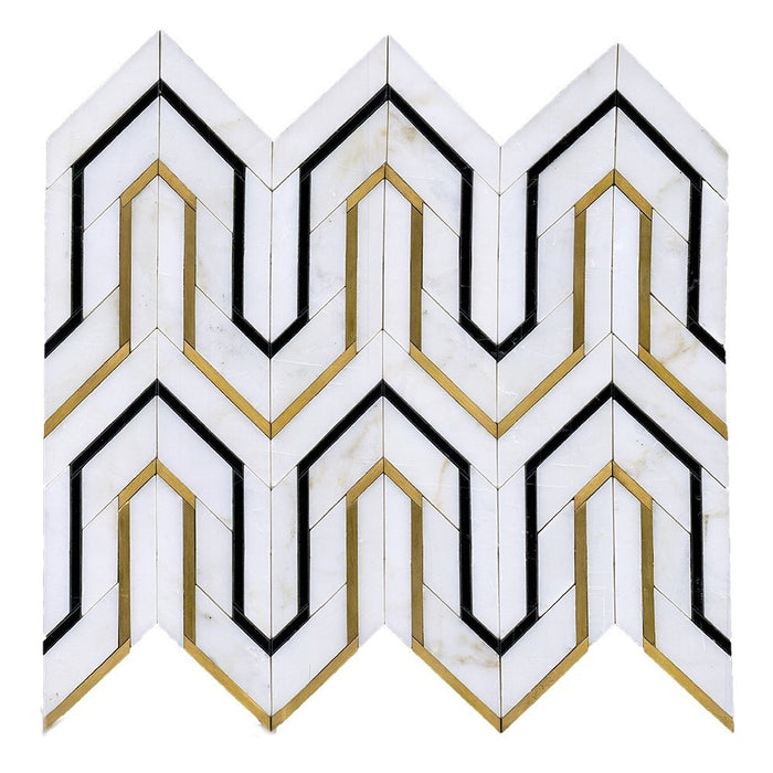 Calcutta & Black Marble with Gold Metal Waterjet Mosaic Tile in Greek Key Meandros | TileBuys