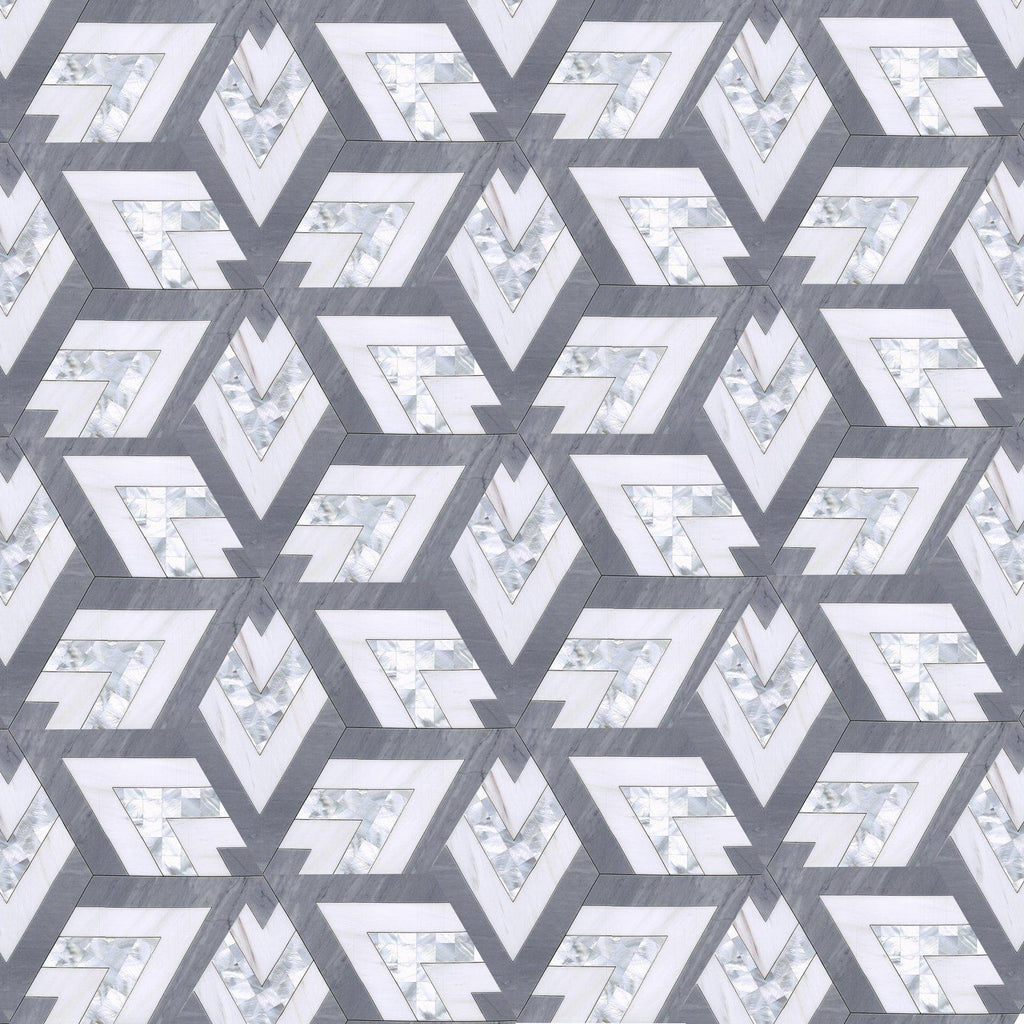 Large Patterned Hexagon Waterjet Mosaic Tile in Dolomite White, Latin Gray Marble, Mother of Pearl | TileBuys