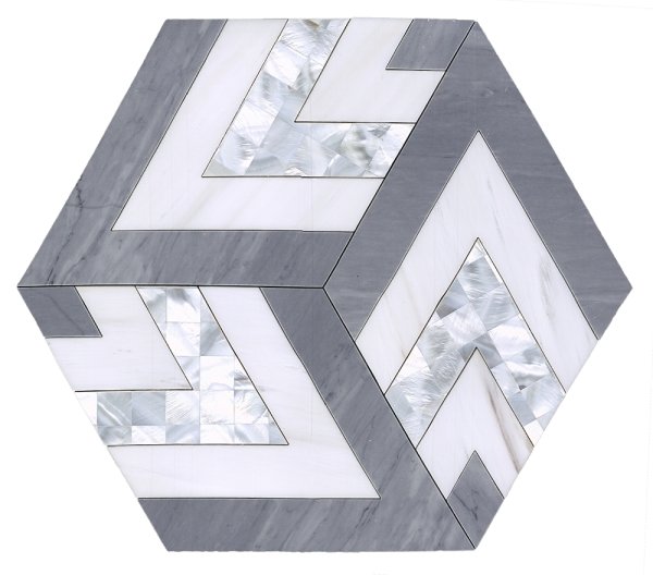 Large Patterned Hexagon Waterjet Mosaic Tile in Dolomite White, Latin Gray Marble, Mother of Pearl | TileBuys