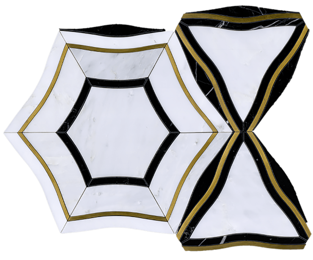Luxe Geometric Waterjet Mosaic Tile in Calacatta, Nero Black Marble, Brushed Gold Metal | TileBuys
