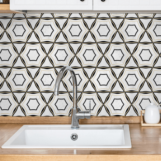 Luxe Geometric Waterjet Mosaic Tile in Calacatta, Nero Black Marble, Brushed Gold Metal | TileBuys