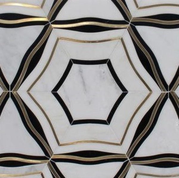 Luxe Geometric Waterjet Mosaic Tile in Calacatta, Nero Black Marble, Brushed Gold Metal | TileBuys