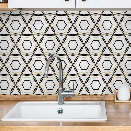 Luxe Geometric Waterjet Mosaic Tile in Calacatta, Nero Black Marble, Brushed Gold Metal | TileBuys