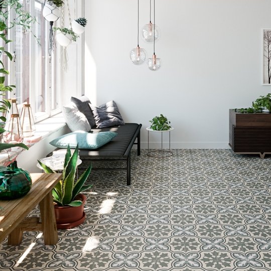 Matte Gray and Blue Tulip Pattern Porcelain Victorian Tile | TileBuys