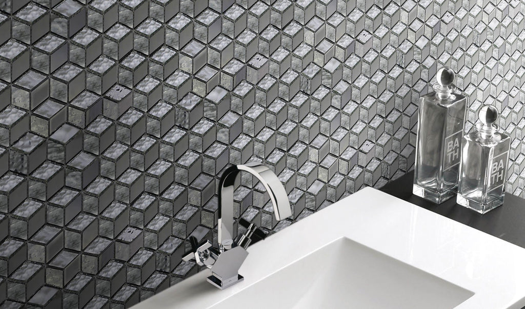 Glass Mosaic Tile in 3D Metallic Silver Cubes