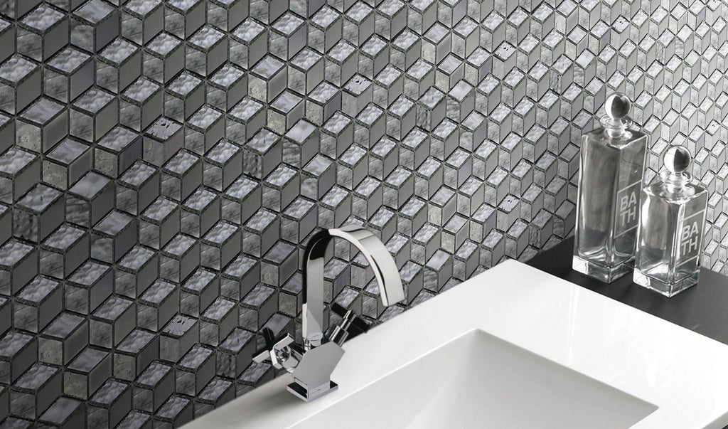 Glass Mosaic Tile in 3D Metallic Silver Cubes | TileBuys
