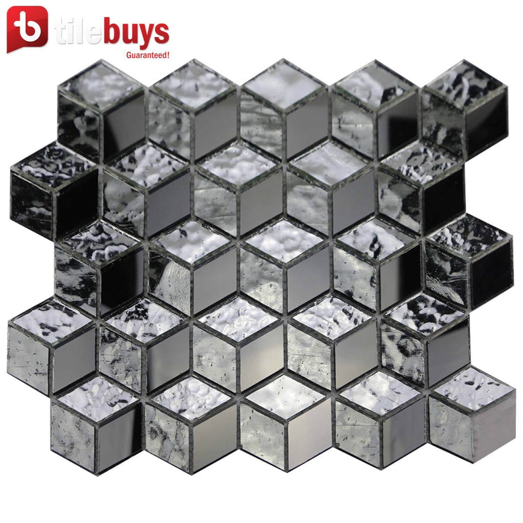 Glass Mosaic Tile in 3D Metallic Silver Cubes | TileBuys