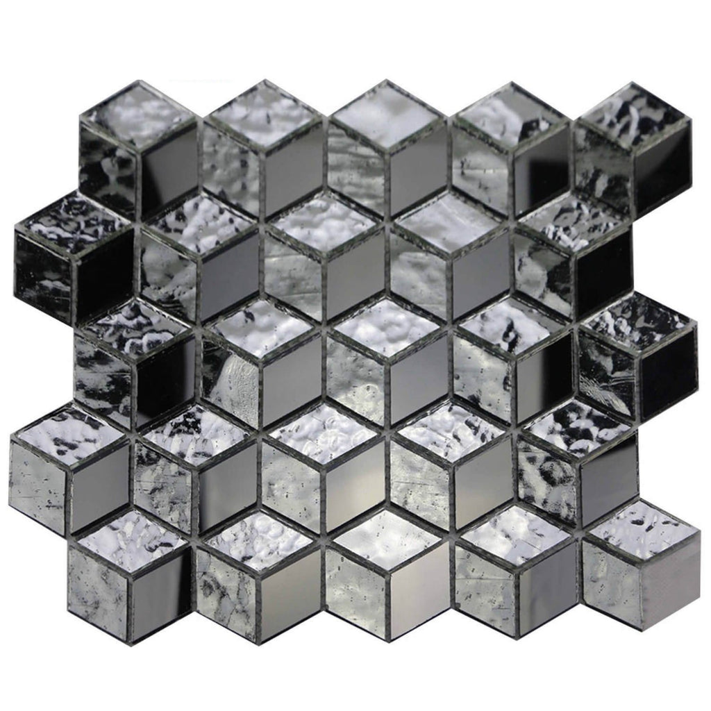 Glass Mosaic Tile in 3D Metallic Silver Cubes