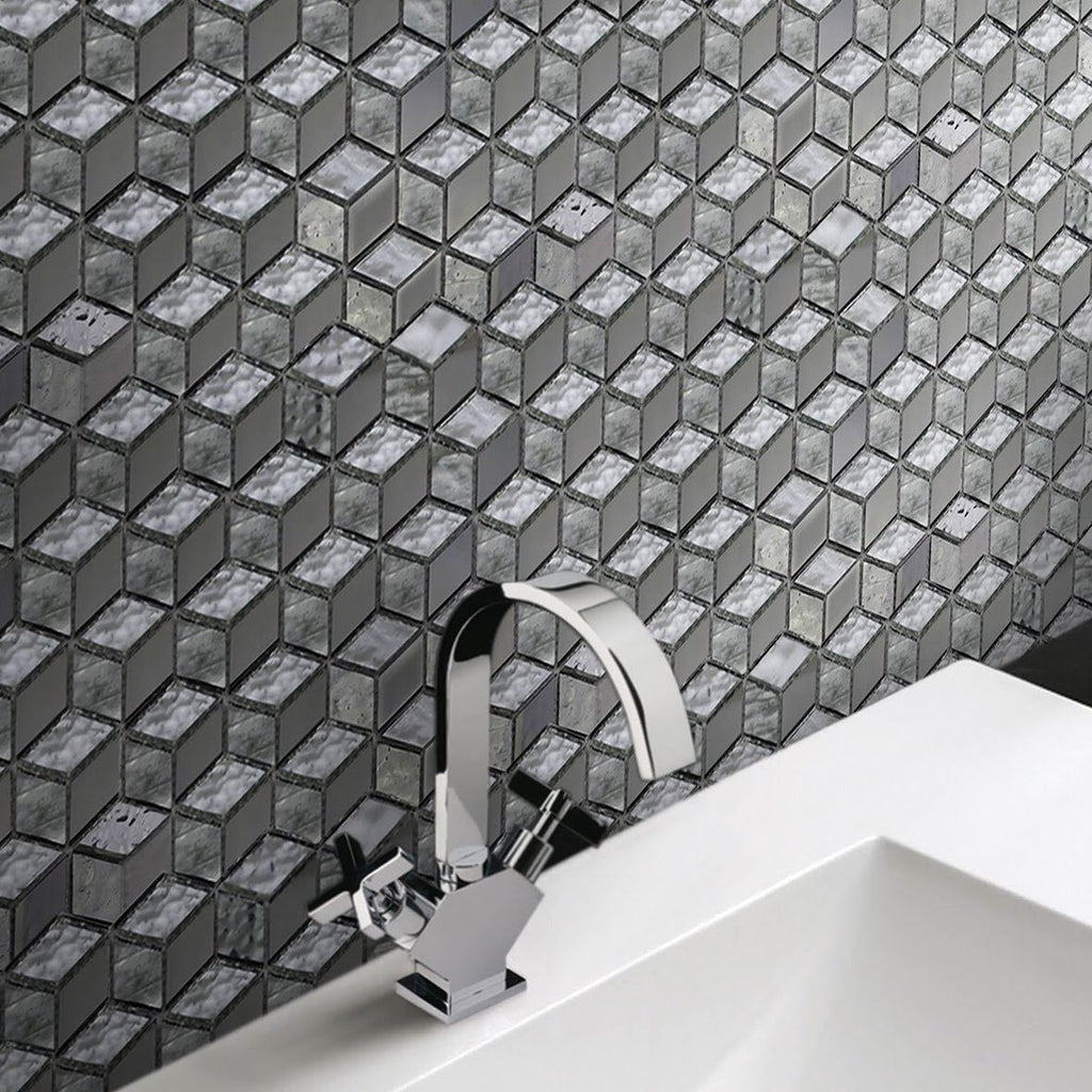 Glass Mosaic Tile in 3D Metallic Silver Cubes | TileBuys