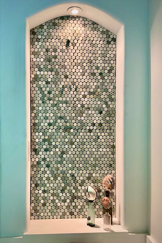 Ming Green Marble Tile Mosaic in 1" Penny Rounds - Polished | TileBuys