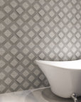 Bathroom Tub Surround Wall Featuring Mountain Blue and Gray Marble Diamond Pattern Mosaic Tile