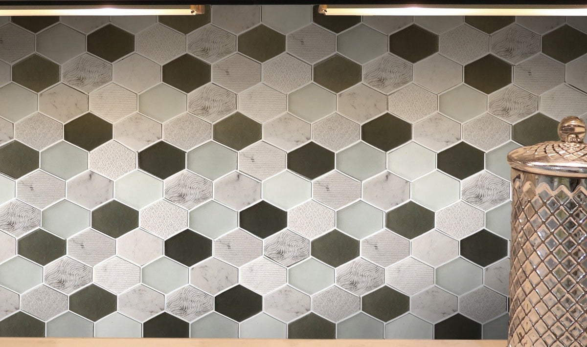 Natural Stone &amp; Glass Mosaic Wall Tile in Panache Retro Hexagon | TileBuys