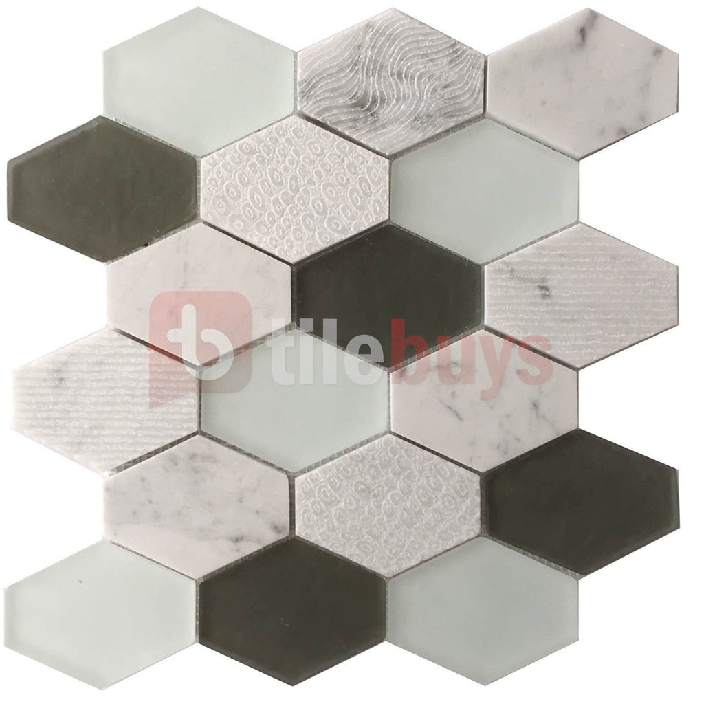 White Ceramic And Pearl Glass Hexagon Mosaic Tile