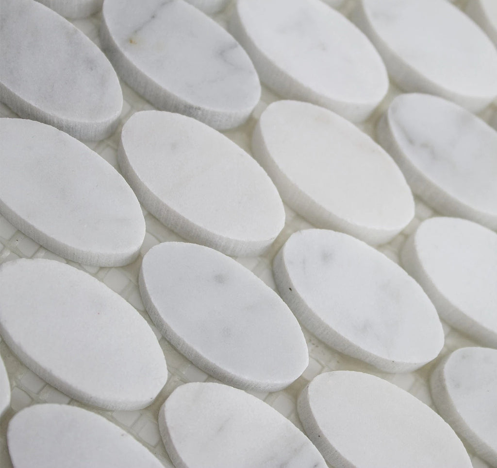 4.8 Sq Ft Carrara White Marble Mosaic Tile in 5/8" Oval Pattern - Honed | TileBuys