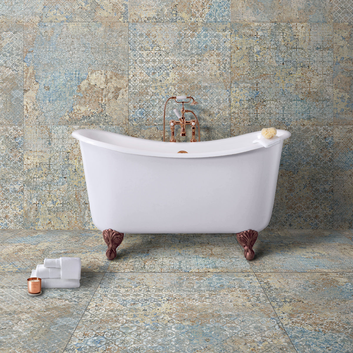 Pink &amp; Blue Bohemian Distressed Carpet Look Porcelain Tile | TileBuys