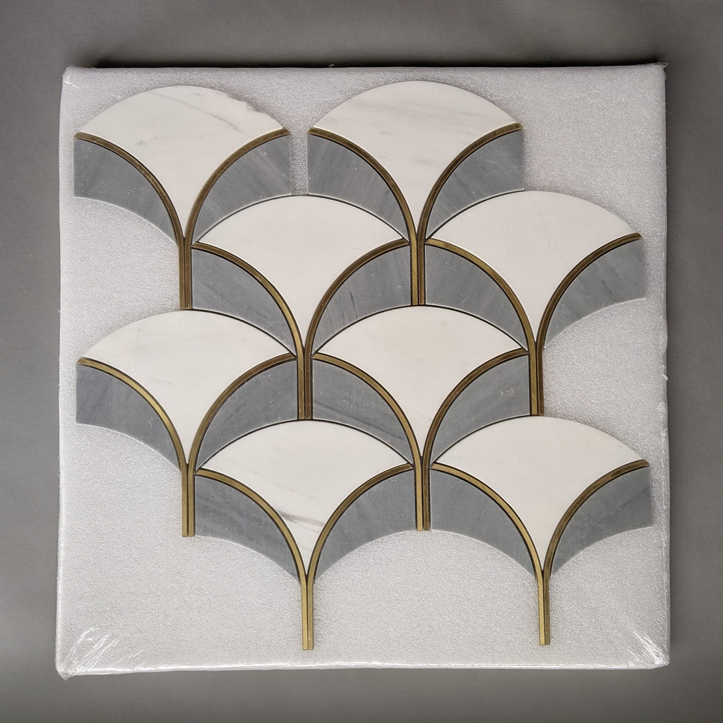 White and Gray Marble Scallop Tile Backsplash with Gold Accents | TileBuys