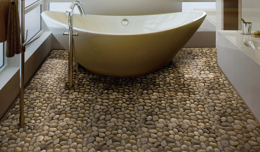 Silver Beige & Light Gray Flat Pebble Mosaic Tile for Bathroom Floors | TileBuys