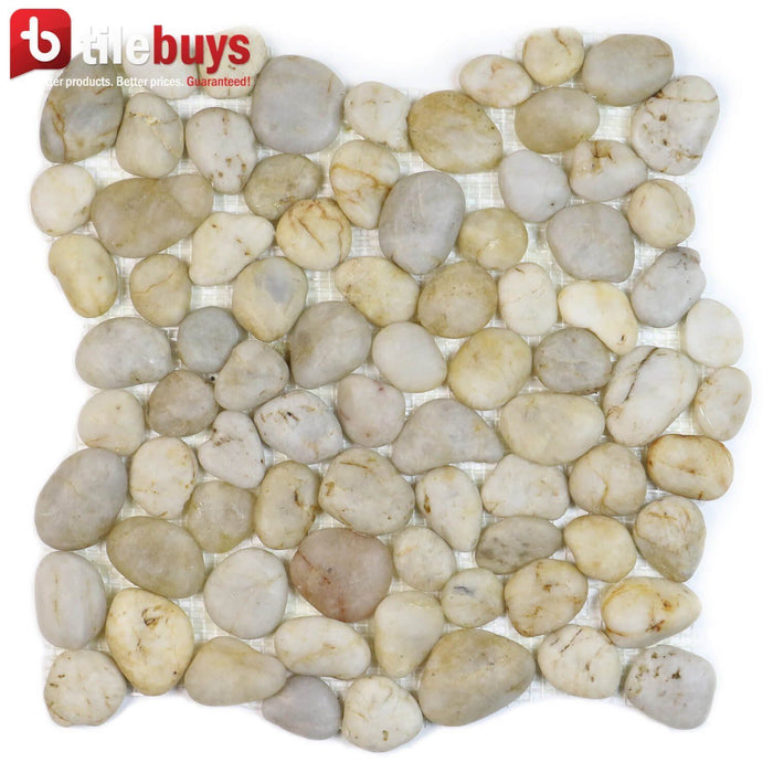 Silver Beige & Light Gray Flat Pebble Mosaic Tile for Bathroom Floors | TileBuys