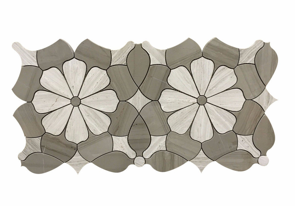 4.2 Sq Ft of Silver Oak and Athens Grey Marble Waterjet Mosaic Tile in Daisy Blooms | TileBuys