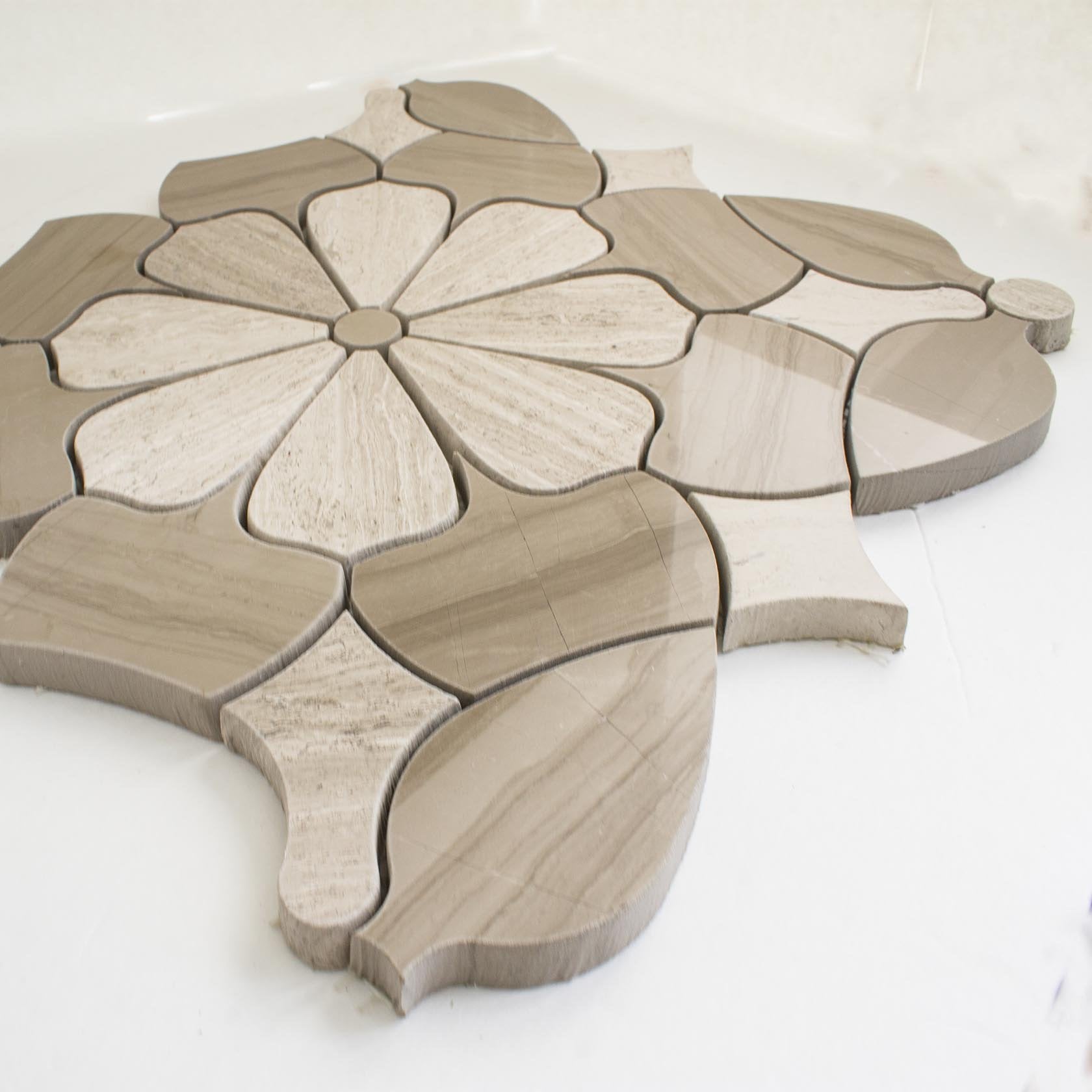 4.2 SF Flower Waterjet Tile White Oak & Athens Grey Polished