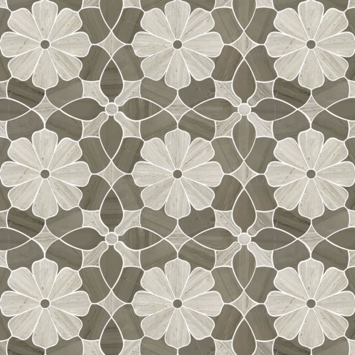 4.2 Sq Ft of Silver Oak and Athens Grey Marble Waterjet Mosaic Tile in Daisy Blooms | TileBuys