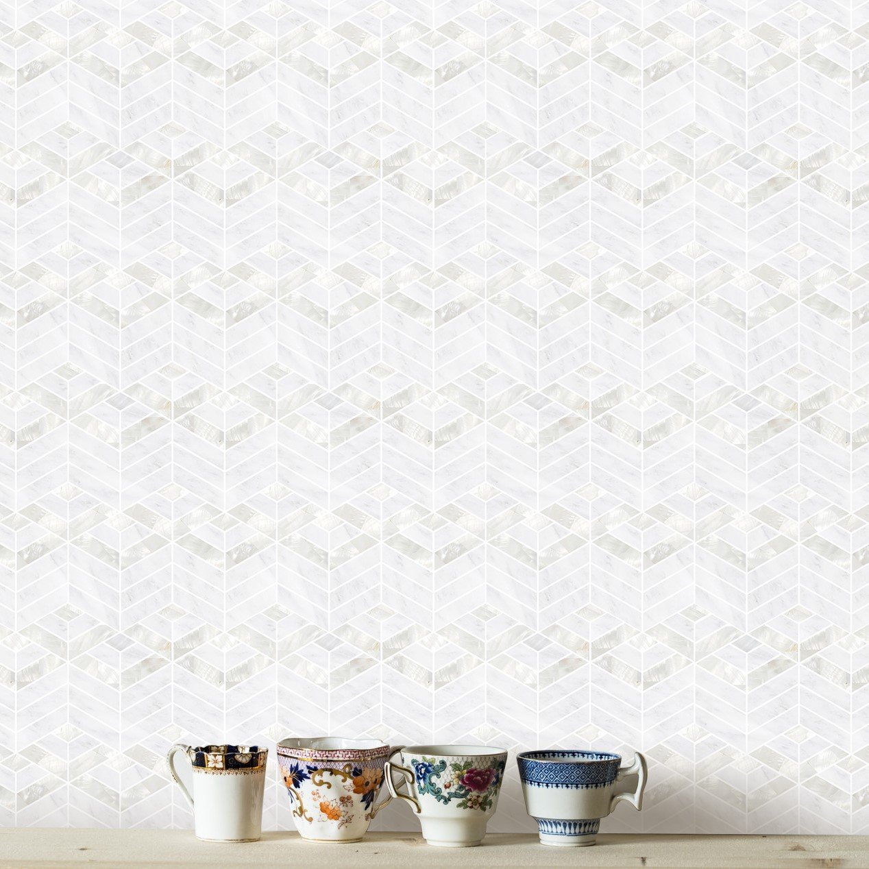 Stacked 3D Chevron Columns Marble Tile Accent Wall in White Marble and Mother of Pearl