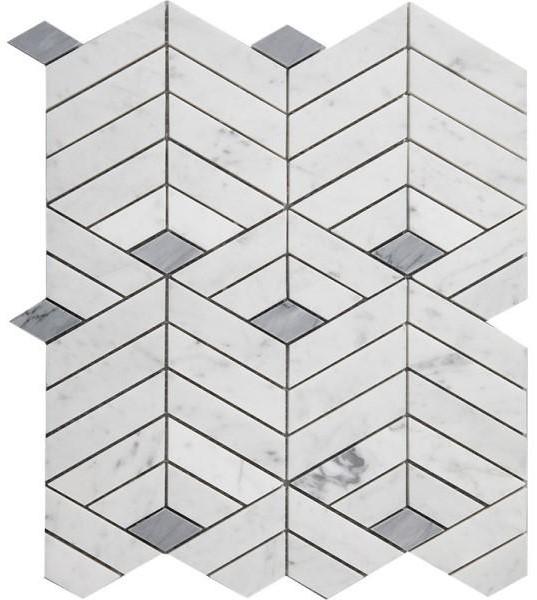 Stacked 3D Chevron Columns Marble Mosaic Tile in Gray and White Marble
