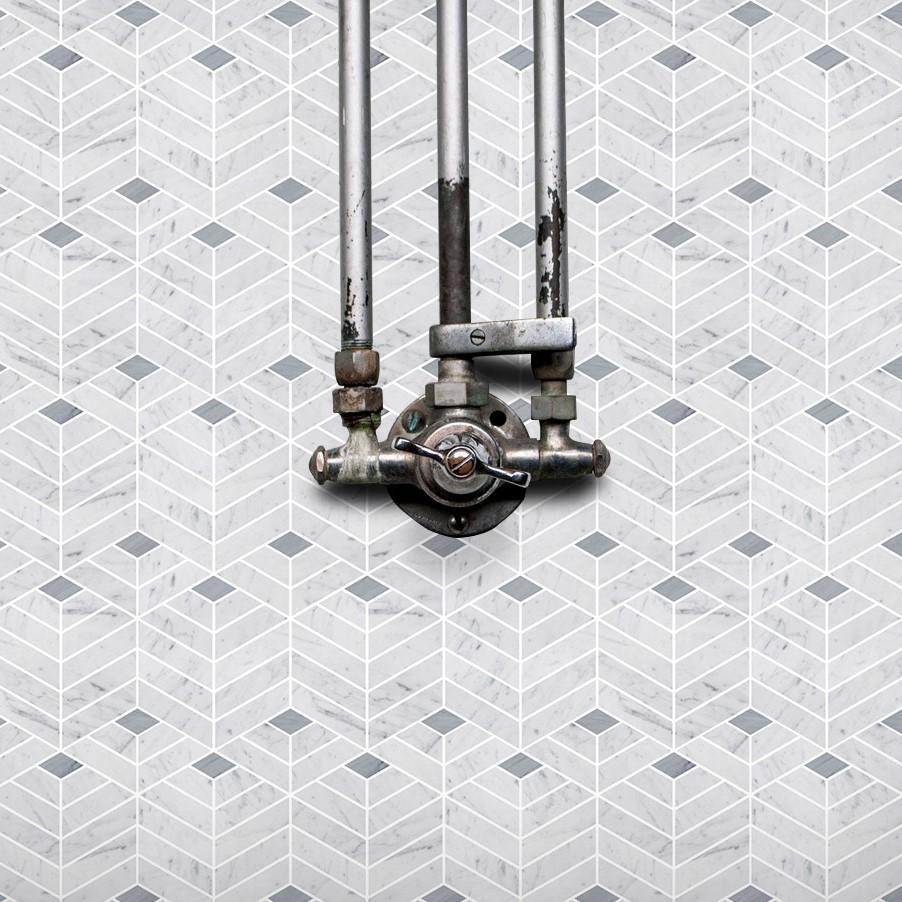 White and Gray Marble 3D Chevron Columns Mosaic Tile Accent Wall