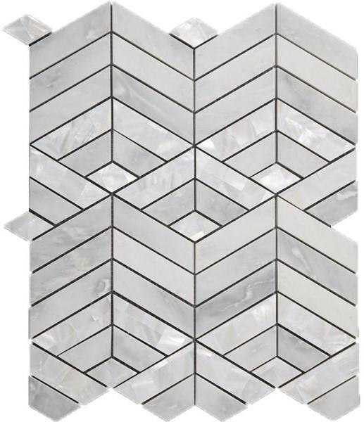 Stacked 3D Chevron Columns Marble Mosaic Tile in White Marble with Mother of Pearl Accent