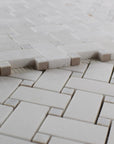 Pearl Weave - Basketweave Mosaic Tile in White Thassos Marble and Mother Of Pearl | TileBuys