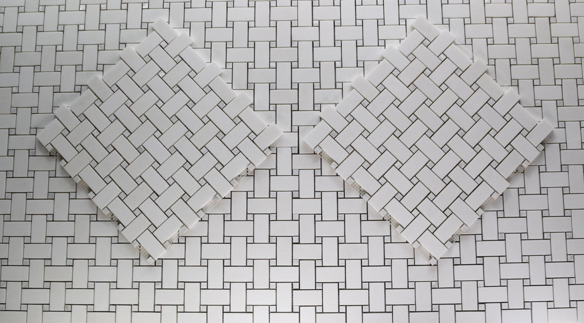 Pearl Weave - Basketweave Mosaic Tile in White Thassos Marble and Mother Of Pearl | TileBuys